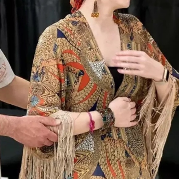 New Boho Mixed Print Kimono Cardigan Robe Jacket w/ Fringe Detail - Picture 9 of 12